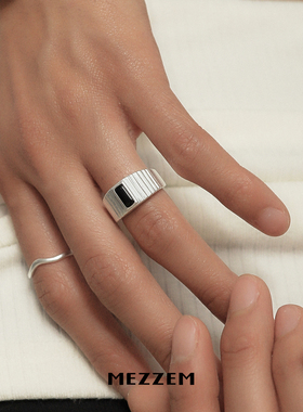 MEZZEM 方形贝母黑玛瑙戒指银 时尚中古开口小众设计高级感食指戒