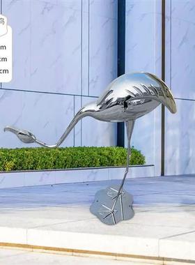 不锈钢雕塑定制仙鹤镜面售楼处水池草坪装饰火烈鸟白鹭摆件玻璃钢