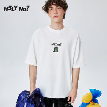H5LY NO7 Ocean Garbage Bag Printed Round Neck Short Sleeve Women's Top Couple T-shirt Men