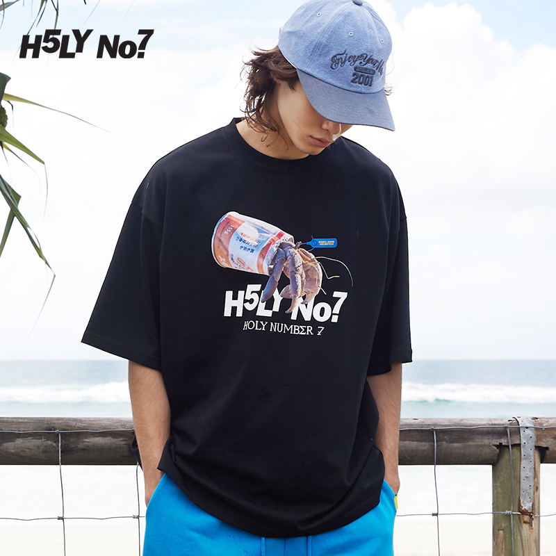 H5LY NO7海洋寄居蟹印花短袖情侣装圆领t恤女上衣男holynumber7-图2