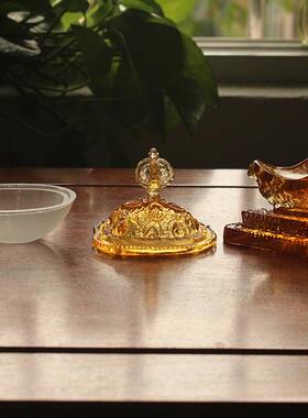 禅悦佛艺古法琉璃托巴碗护法供杯家用桌面供奉工艺摆件用品琥珀色