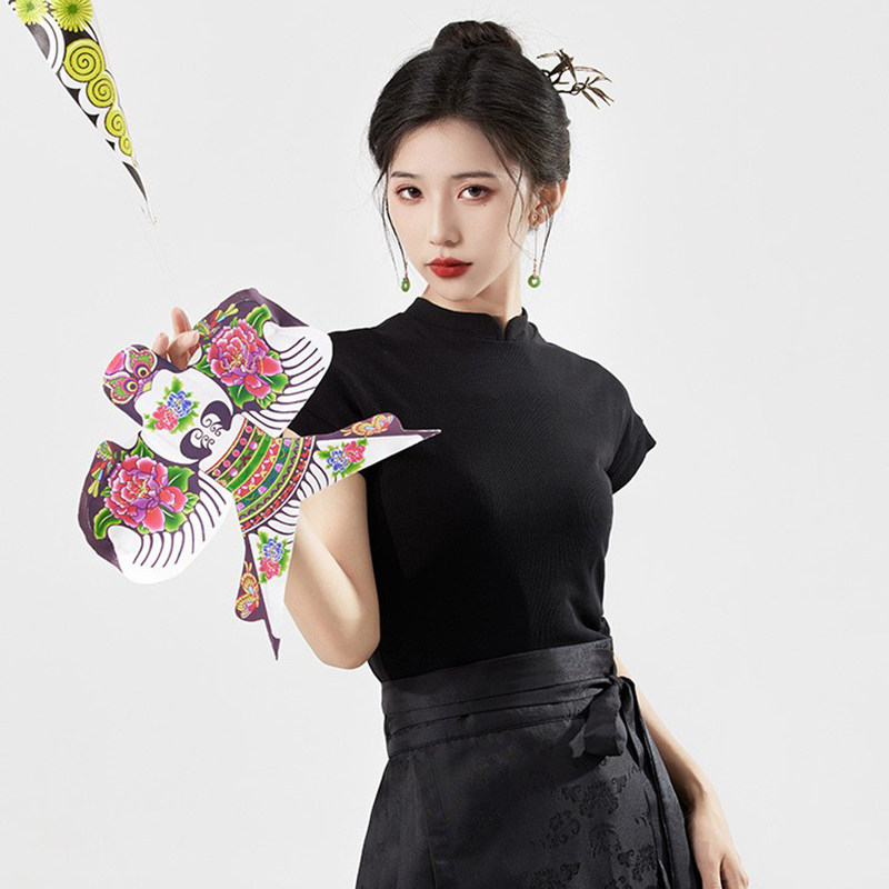 星河汉歌肃穆短袖女t恤明制汉服马面裙上衣修身新中式国风短袖黑,淘宝优惠券,粉丝福利购,淘宝优惠卷