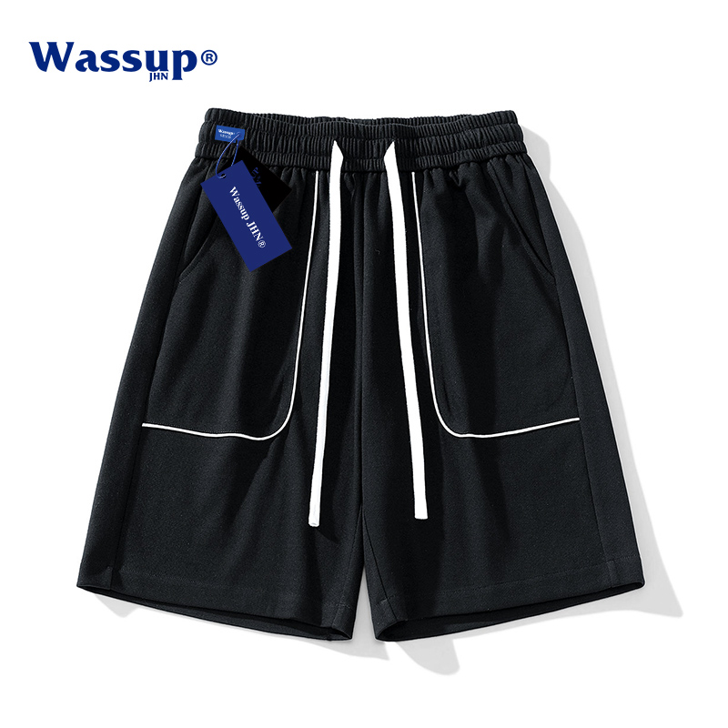 WASSUP JHN 纯色百搭短裤男夏季米白杏色五分裤5分沙滩休闲运动裤