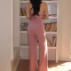 Ooh itch pink knitted suit women's halterneck camisole + straight wide-leg pants slimming two-pieces set