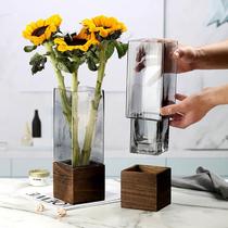 Manufacturer Straight Hair Square Wood Base Vase Grey Pendulum Pieces Living-room Flower Arrangement Glass Floral Mesh Red Decoration One Generation Hair