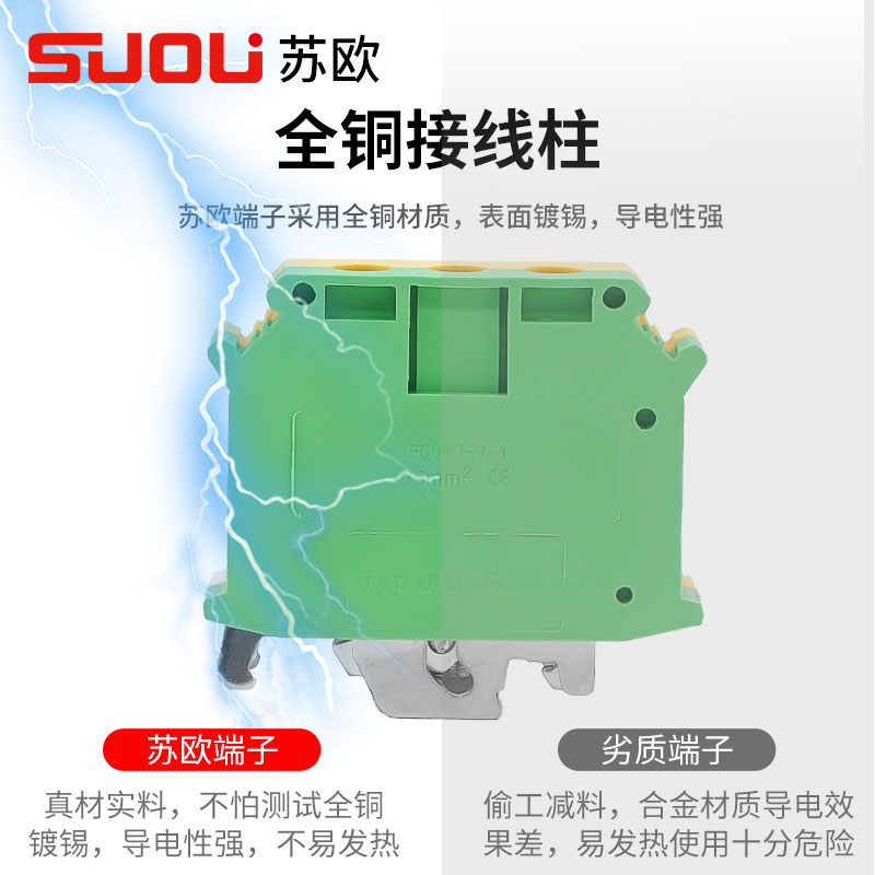 苏欧接地端子USLKG-2.5N/3N/5N/6N/10mm平方黄绿排UK导轨接线端子 - 图2