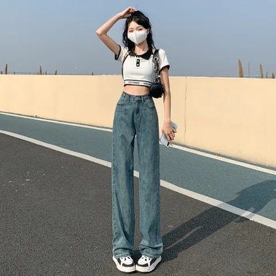 原创高腰阔腿牛仔裤显瘦直筒裤