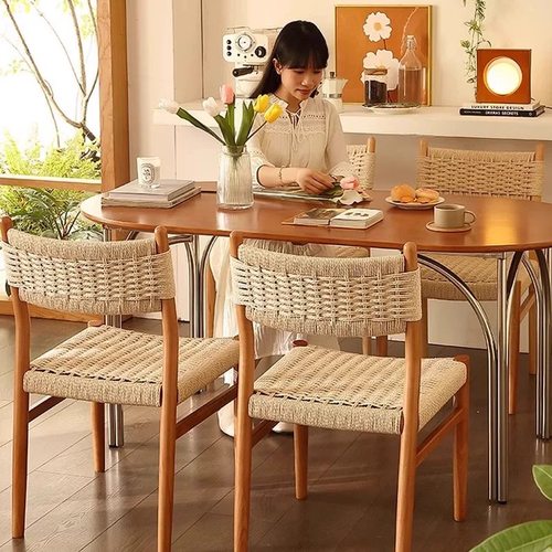 麦田椅中复古实木餐桌椅家用绳藤编靠背椅子设计师小户型极简凳子 - 图2