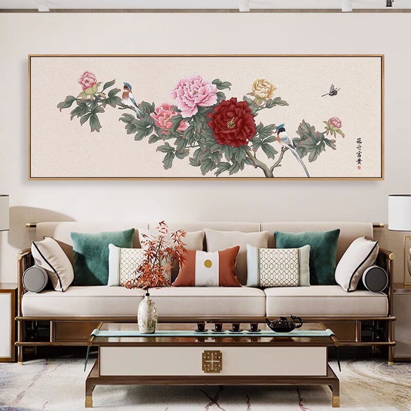 花开富贵新中式客厅画装饰画国画牡丹工笔画卧室挂画沙发背景墙面_虎窝淘