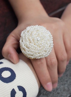 手工绕线珍珠大气百搭戒指女 复古宫廷风时尚夸张戒指女食指戒大