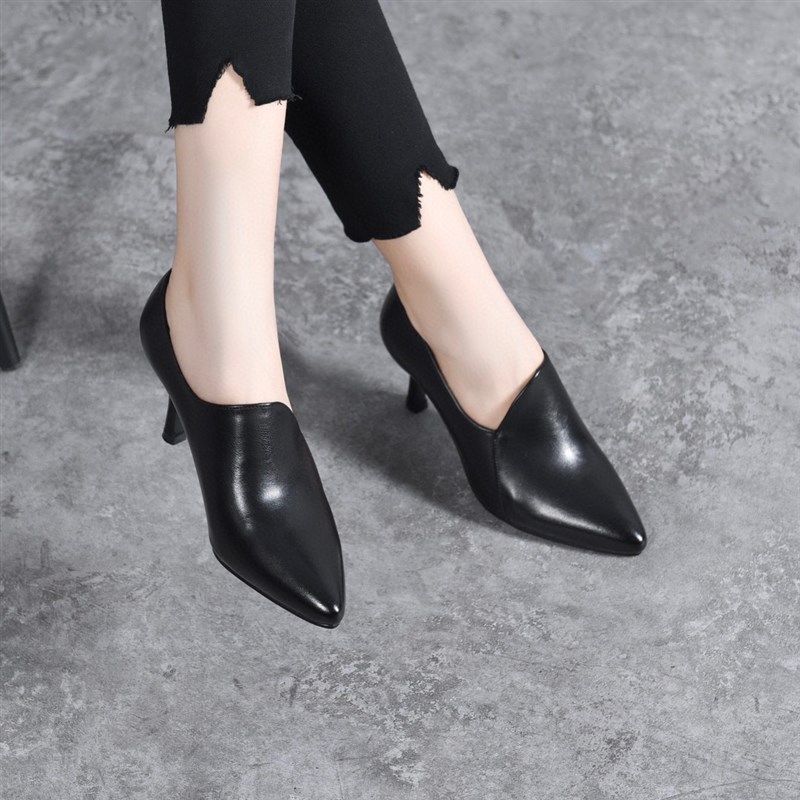 真皮深口单鞋女2023年新款春季尖头高跟百搭气质小V跟软皮黑色皮,淘宝优惠券,粉丝福利购,淘宝优惠卷