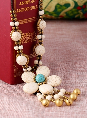 防水蜡线手工编织铜铃铛民族风大花项链女时尚夸张个性短款毛衣链