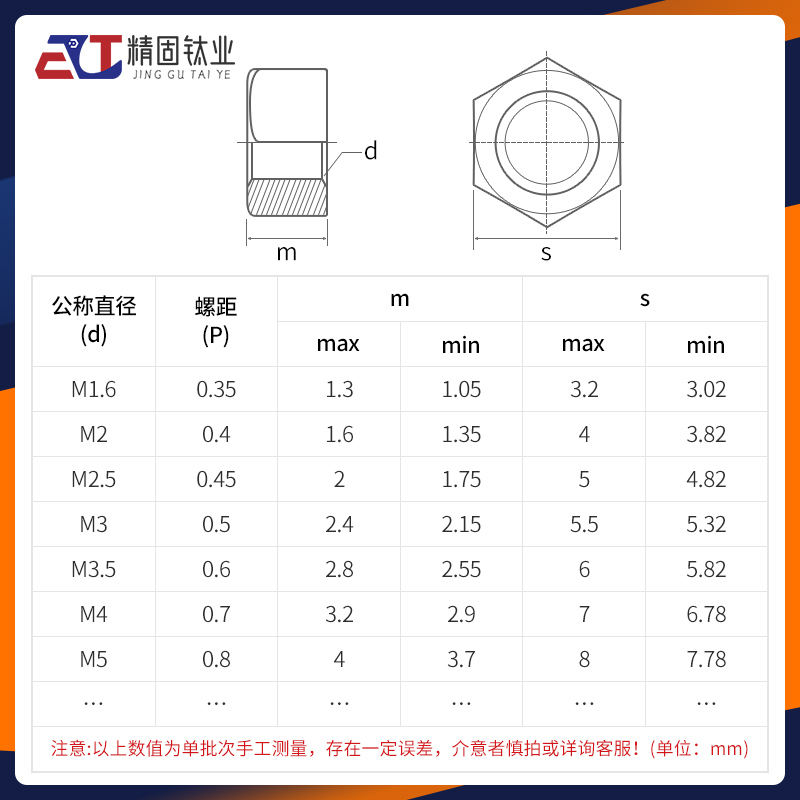 钛合金螺母纯钛TA2/TA1六角螺丝帽M2M2.5M3M4M6M8M10M12M14M16M20 - 图2