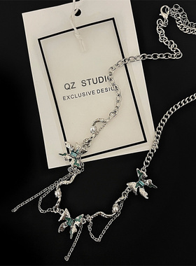 棉左冰川蝴蝶流苏拼接项链