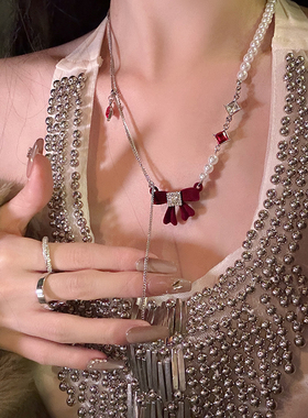 红色植绒蝴蝶结珍珠项链女2025年