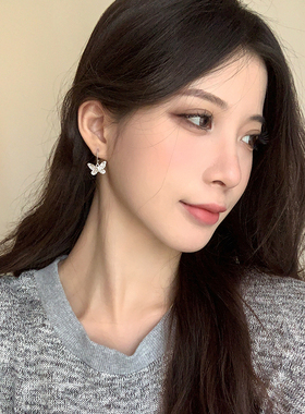 银色蝴蝶耳钉女新款复古新中式
