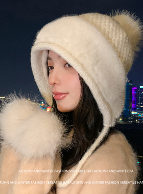 毛球帽子女冬季加绒暖针织毛线帽