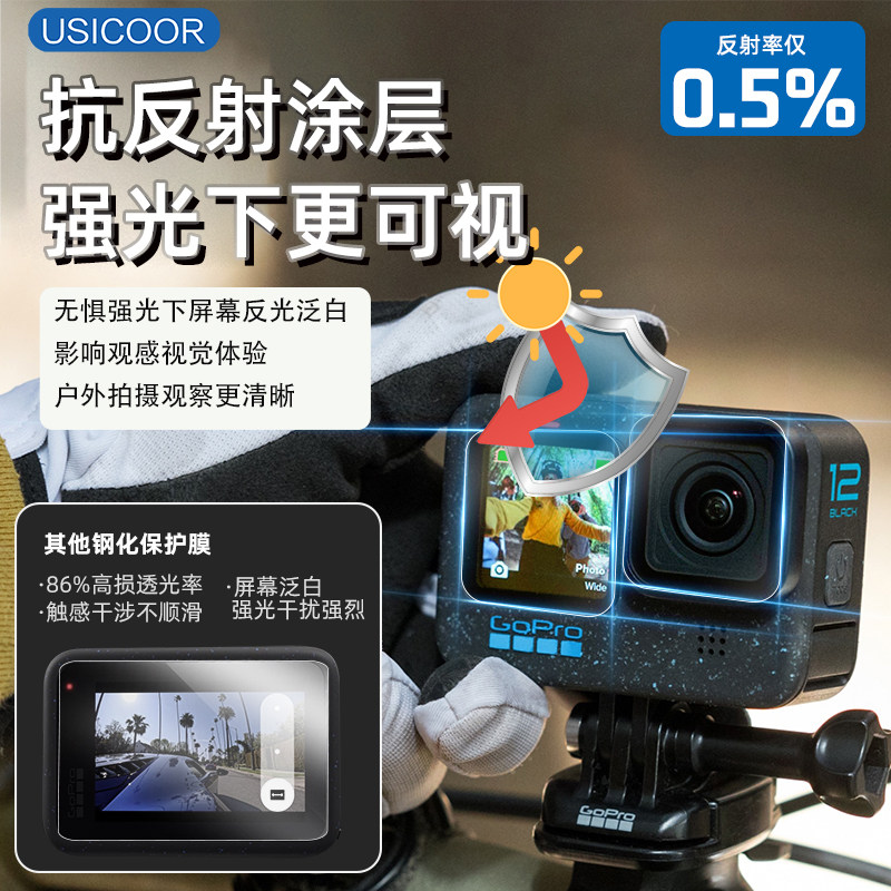 USICOOR适配gopro hero12/11AR膜高清增透保护膜gopro9/10镜头膜GOPromax运动相机显示屏防刮膜前后膜抗反光 - 图1