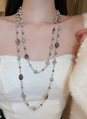 长款镶钻花朵珍珠项链2023秋A冬新款轻奢高级感毛衣链法式小众项