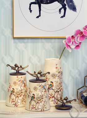 客厅玄关柜花鸟罐摆件 欧式美式创意时尚家居软装饰品样板房摆设