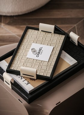 手工皮革木质托盘轻奢首饰收纳桌面摆件样板房间家居摆件水杯香薰