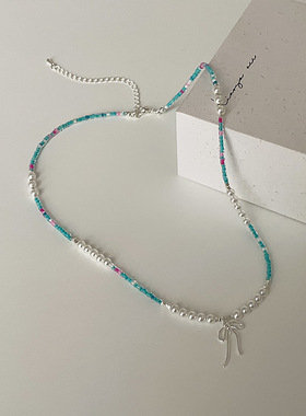 清新气质银色蝴蝶结米珠拼接项链女百搭高级感小众温柔精致锁骨链