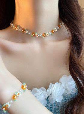 小花朵项链手链米珠锁骨链女