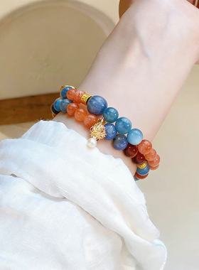 水晶串珠手链蓝晶石金太阳手串