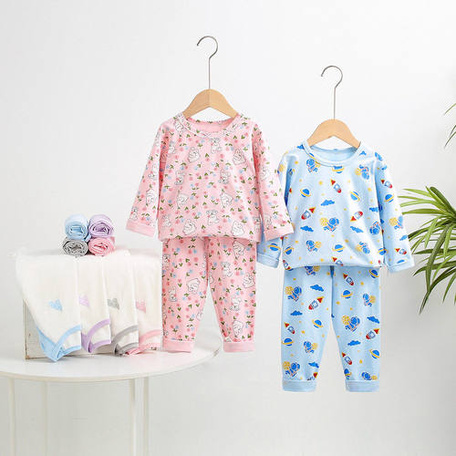 新品秋冬莱卡5A家居套装保暖内衣套装插肩满印时尚女童棉毛衫 - 图1