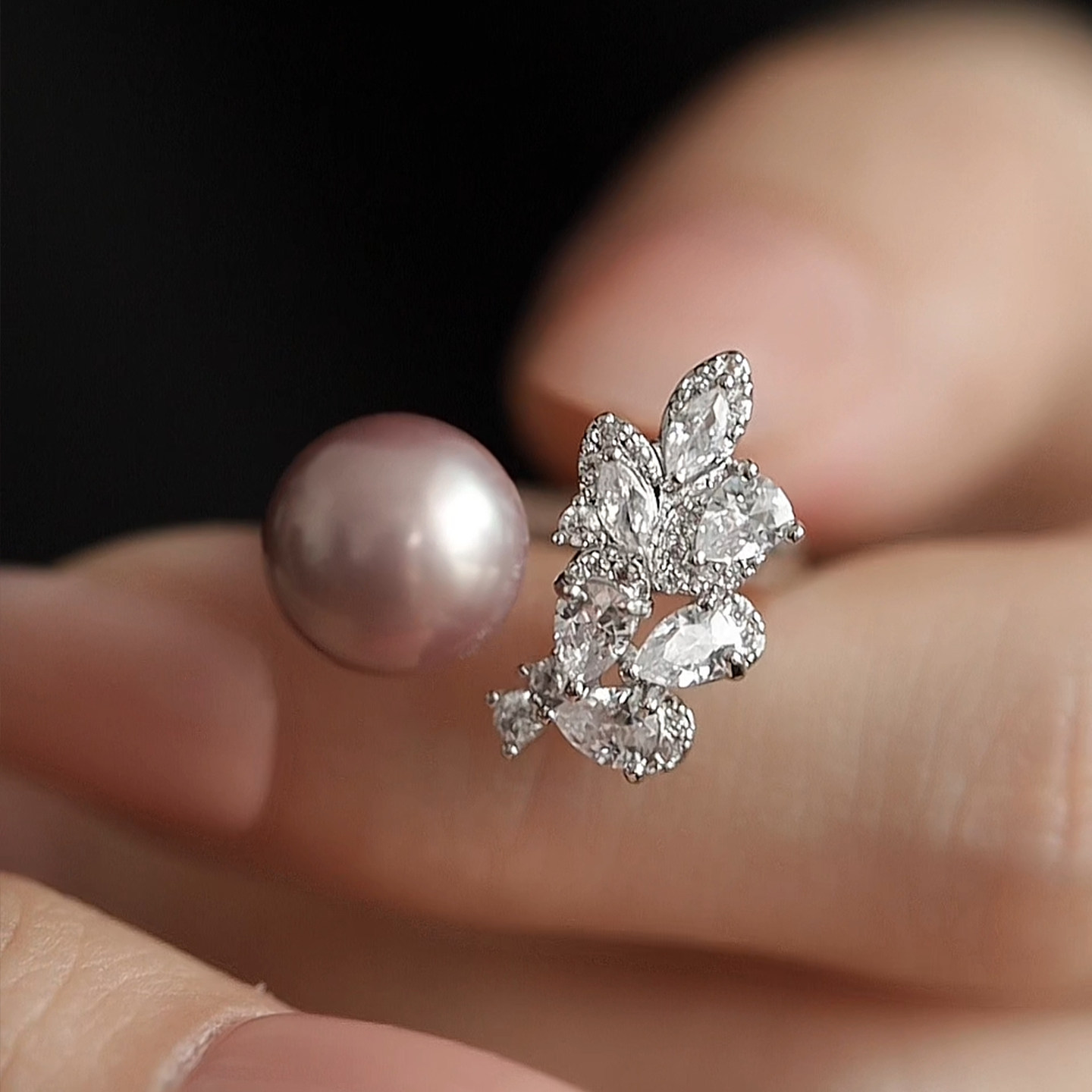 Jane's Jewelry Natural Freshwater Pearl Ring Women's Purple Round Zircon Leaf Elegant and High-end Ring