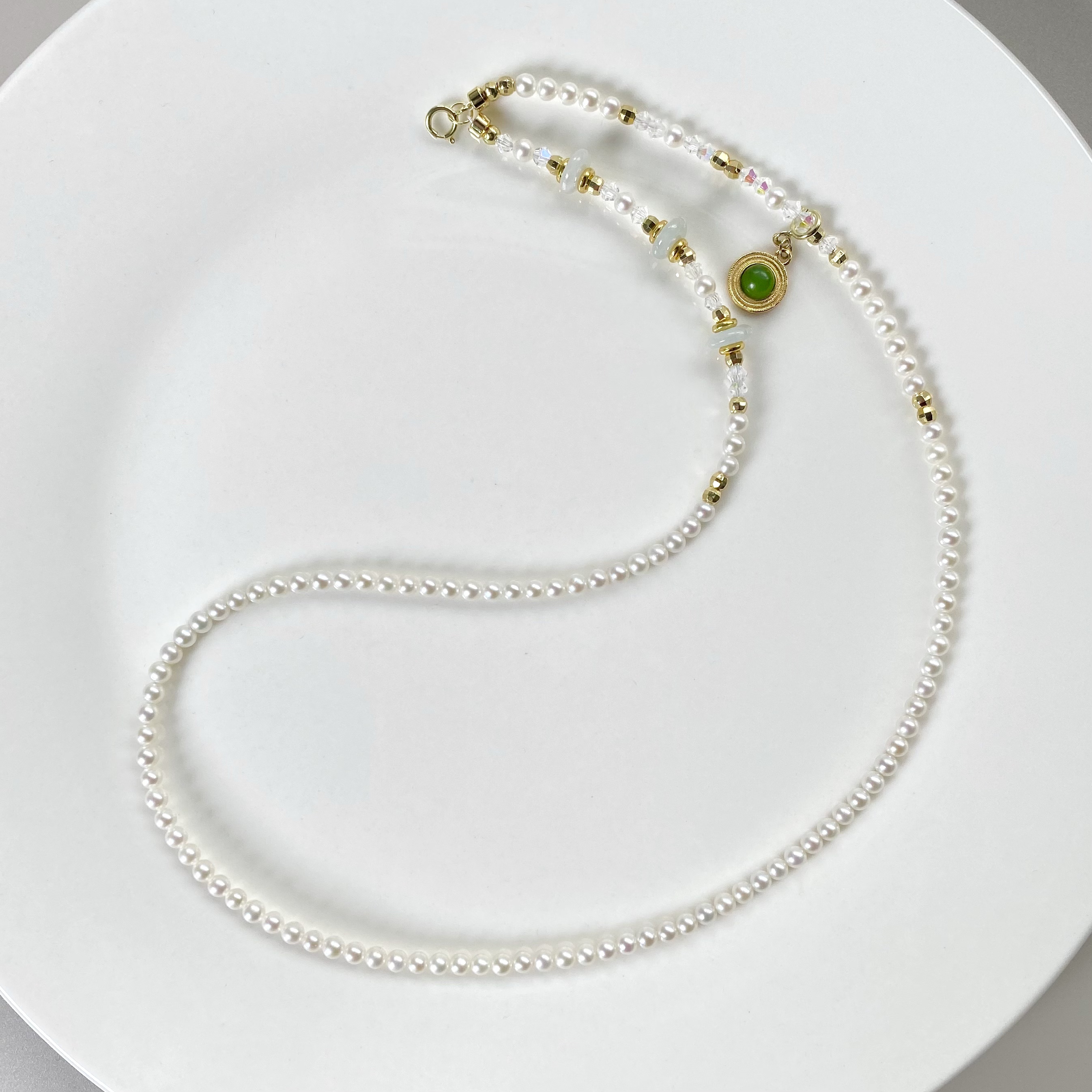 珍氏珠宝天然淡水baby珠项链女款 新中式翡翠和田碧玉长款颈链 - 图0