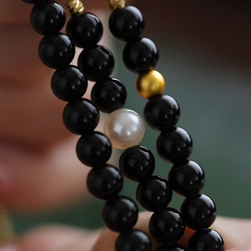 珍氏珠宝天然淡水珍珠项链女款 新中式黑曜石气质高级感长款颈链 - 图1