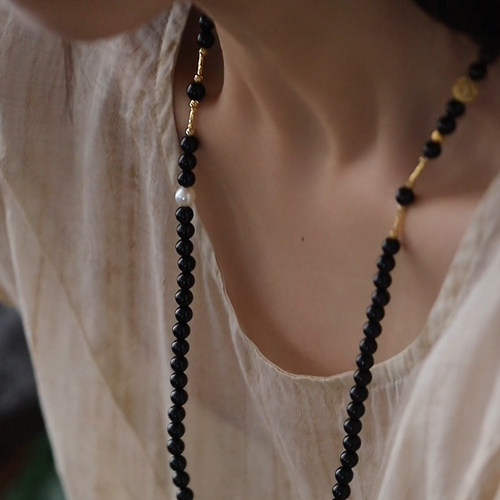 珍氏珠宝天然淡水珍珠项链女款 新中式黑曜石气质高级感长款颈链 - 图2