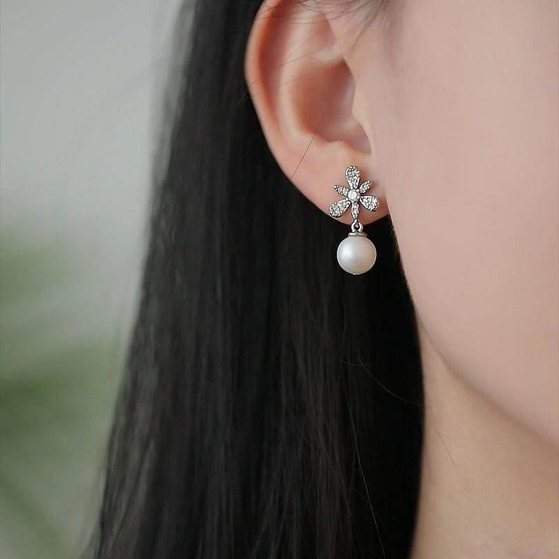 珍氏珠宝天然淡水正圆珍珠耳钉女 花朵设计仙气优雅镶锆耳环耳饰,淘宝优惠券,粉丝福利购,淘宝优惠卷