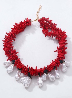 欧美时尚红色树枝多层仿珍珠项饰