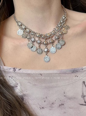 波西米亚复古钱币流苏银色项链
