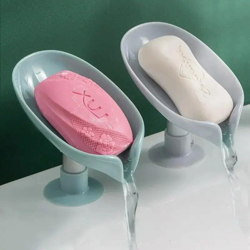 2pcs Drain Soap Holder Leaf Shape Soap Box Suction Cup Tray - 图1