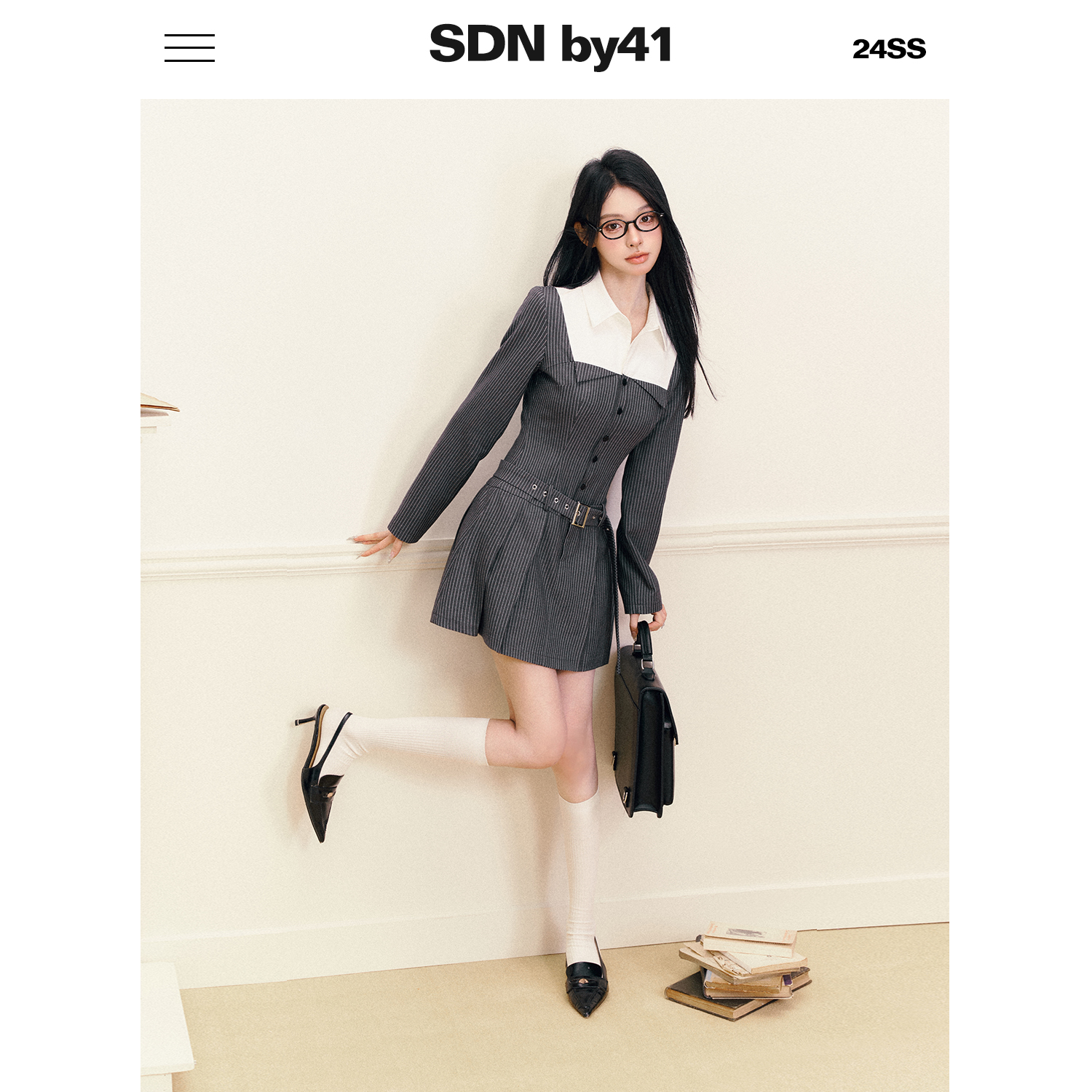 SDNby41  美高甜心 学院风Polo领假两件衬衫式连衣裙条纹裙子 - 图2