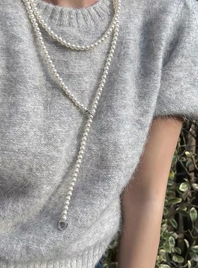 微镶爱心扣加长款时尚玻璃珍珠项链气质网红轻奢感毛衣链