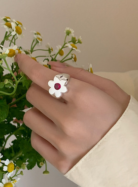 甜美花朵戒指女个性重工宽边时尚开口指环ins风小众百搭食指戒潮