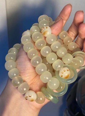 荔枝冻ins《白茶清欢》天然阿富汗玉手串桶珠清冷感玛瑙跑环手链