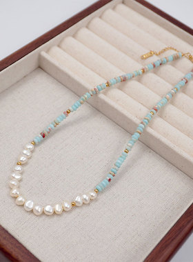 珍珠项链彩色小众设计春夏美拉德串珠锁骨链淡水珍珠项链手链套装