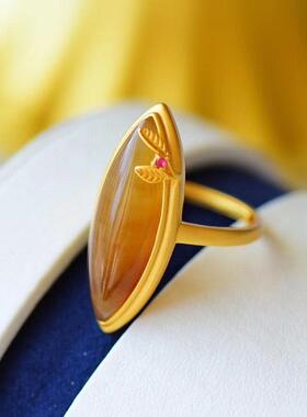 天然糖玉马眼戒指大气秀美复古古法金鎏金工艺可调节大小送情人