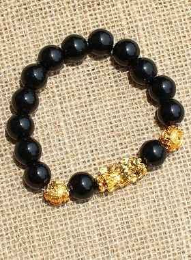 越南纯沙金貔貅手链男女士镀金不掉色黑曜石手串转运招财生日送礼