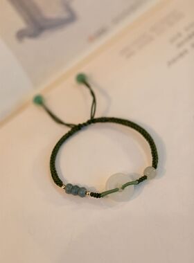 新中式平安扣福牌手链女ins小众设计复古气质可调节绿色编织手绳