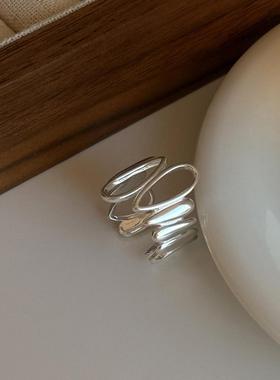 个性水滴戒指女简约时尚不规则交错S925镀银开口指环气质食指