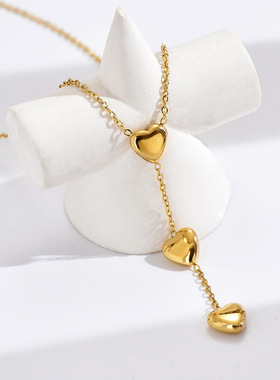 新款长款流苏爱心拼接吊坠钛钢不掉色项链 个性金色小桃心项链女