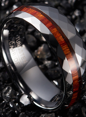 8mm宽钢色刻面镶木纹钨钢男士戒指现货男士钨钢饰品