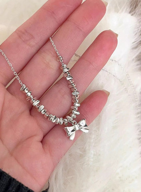 韩版小众碎银子蝴蝶结项链女时尚重工串珠叠戴毛衣链2024年新款潮