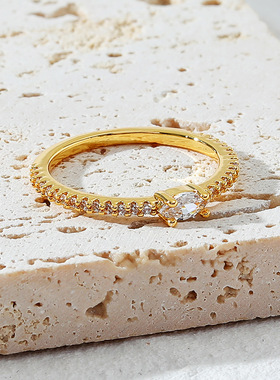 青岛INS饰品直播跨境电商货源铜镶锆石镀18K保色金简约精致戒指